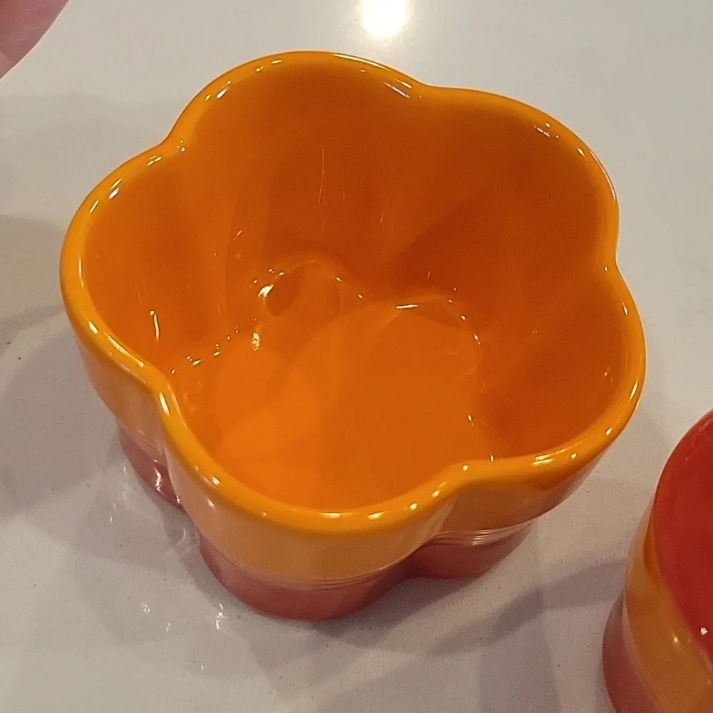 New Le Creuset Flame Orange Flower Cocotte Pair